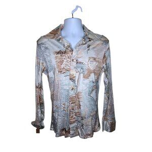 Vintage 70s Nautical Butterfly Collar Disco Button Up Shirt Mens M Beige